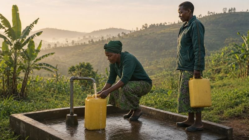 Deux femmes remplissent un bidon à un point d’eau réhabilité